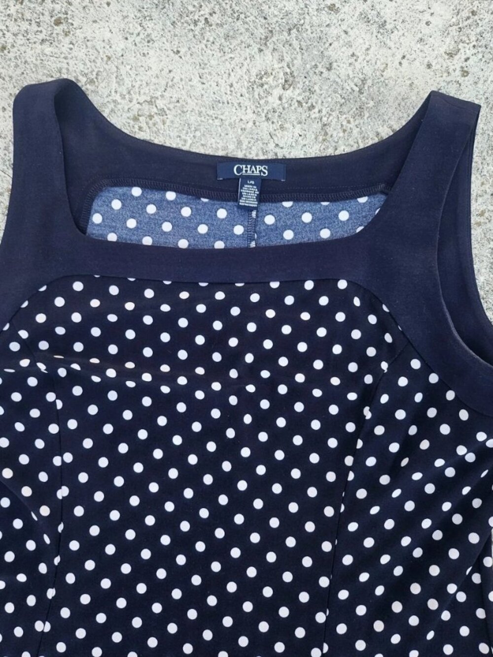 Chaps Women Dress Sleeve Less Polka Dot Navy Blue Fit and Flare Dress Size L/G - Picture 7 of 12